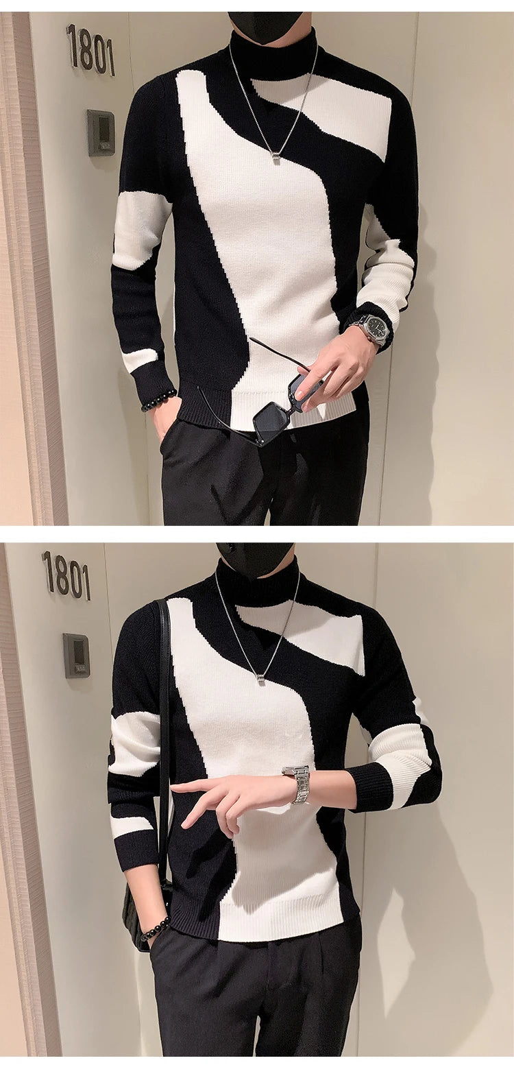 2023 Autumn/Winter Colored Half Turtleneck Sweater Men Long Sleeve Slim Fit Casual Pullover Social Underlying Knitwear Tops