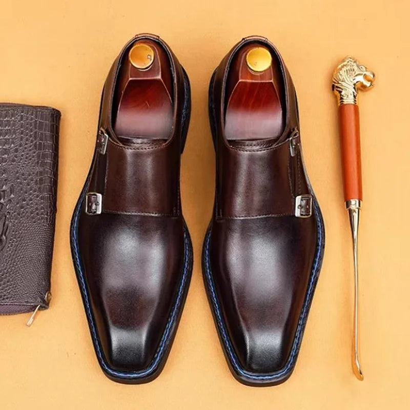 Hochwertige Herrenschuhe aus Rindsleder, eckige Zehenpartie, Doppel-Monk-Strap, Herren-Businessschuhe zum Hineinschlüpfen