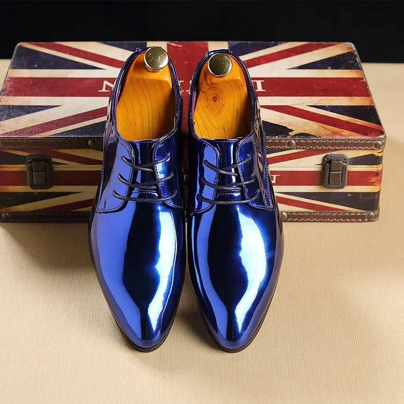Fashion Trend Patent Leather Men Wedding Shoes Gold Blue Red White Oxfords Shoes Designer Pointed Toe Dress Shoes Big Size 37-48