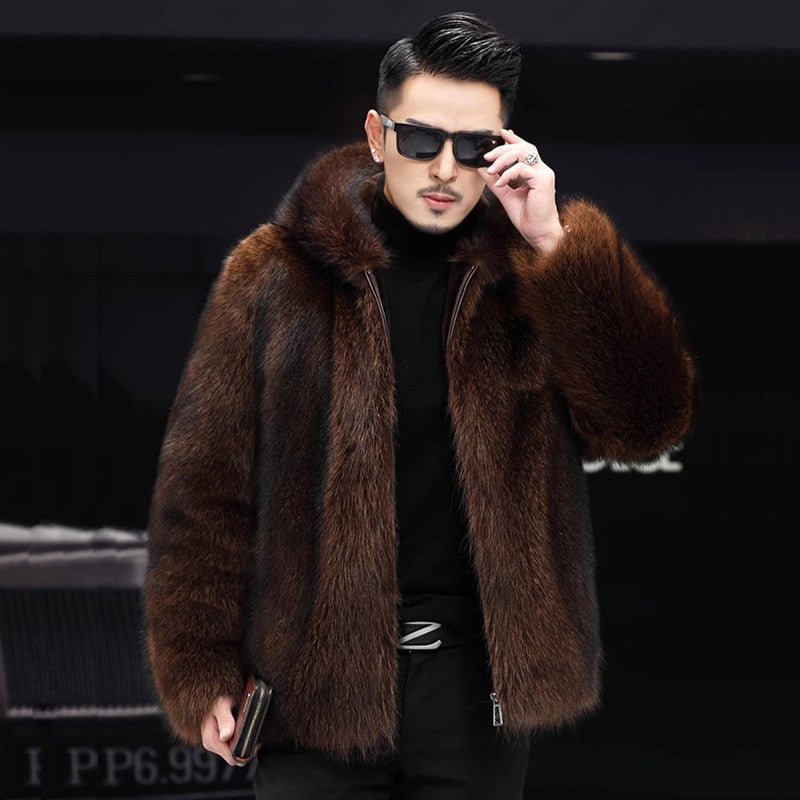 Luxury Winter Warm Faux Fur Coat Men Hooded Thick Fur Coat Jacket Plus Size Branded Zipper Designer Men's Clothing Slim