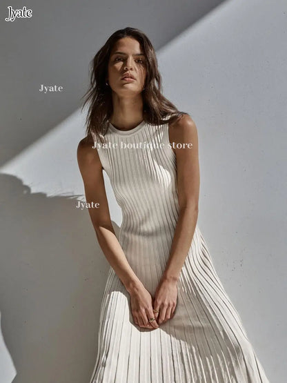 Sleeveless Pleat Knit Dress Round Neck A-line Pit Strip Slim Long Dress Sundress Solid Color Casual Women Summer Dresses