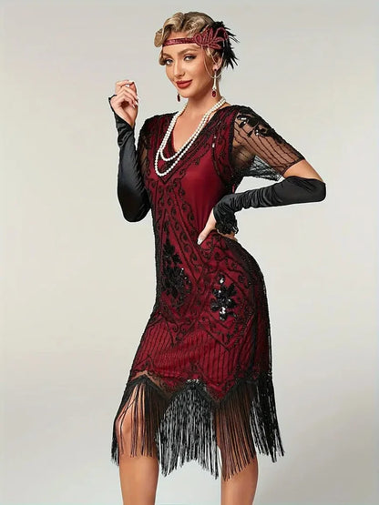 Embellished Beaded Sequin Dress Robe Vestidos Women 1920s Flapper Dress Vintage V Neck Butterfly Sleeve Long Great Gatsby Dress
