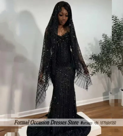 Luxury Red Prom Dresses With Veil 2026 Sequin Beading Black Girls Evening Dress 2025 Sleeveless Birthday Party Gowns Customized