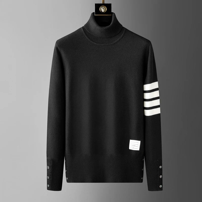 Luxury brand men's high neck sweater autumn and winter new Korean fashion stripe design with split hem high-end casual pullover