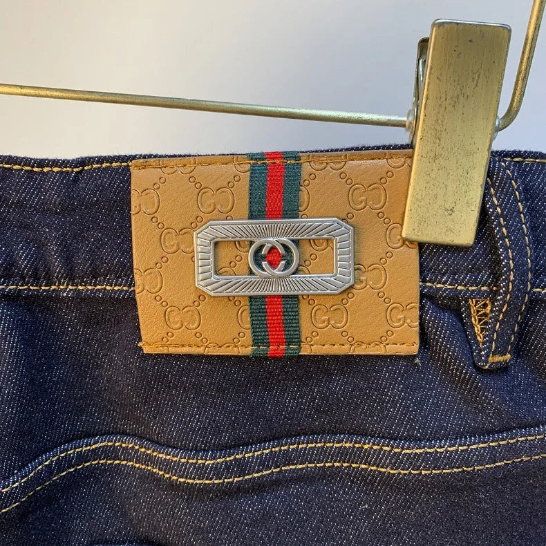 High end light luxury men jeans autumn new item dark blue fashion printed casual straight slim fit cotton washed denim pants