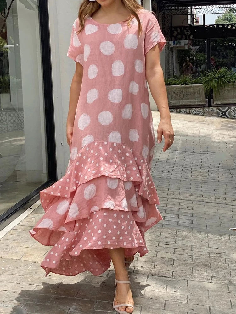 Women Dresses Summer 2022 Sexy O Neck Dot Print Boho Beach Dress Cascading Ruffle Short Sleeve Maxi Dress Wrap Sundress Robe