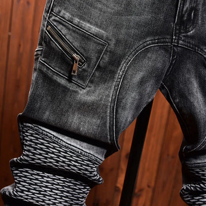 new high end jeans for MEN'S black elastic fashion brand loose straight motorcycle spliced water washed youth bicycle pants