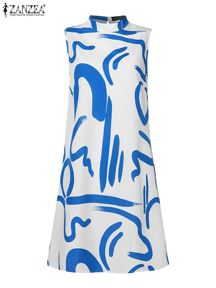 Women Printed Mini Dresses ZANZEA Fashion Holiday Stand Collar Vestido 2023 Summer Sleeveless Tank Robe Chic Colorblock Sundress