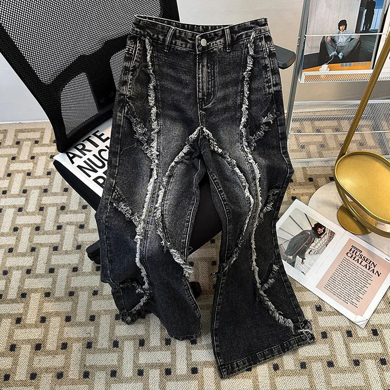 Men's Fringed Denim Set 2026 Spring New American Retro Washed Shoulder Padded Zipper Jacket Splicing Jeans Two Pieces Sets