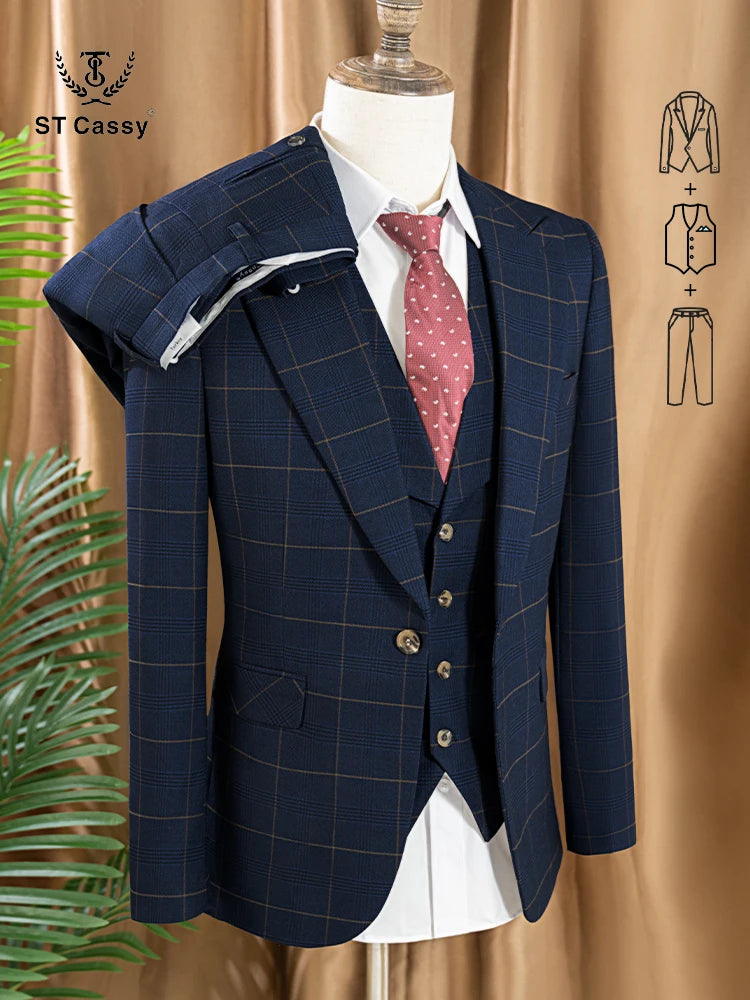 ST Cassy Hochwertiger 3-teiliger karierter Anzug für Herren, stilvolles Business-Büro-Hochzeits-Formelles-Outfit, eleganter Herrenanzug