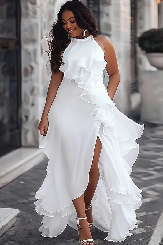 Gymystars Luxury Guest Prom Long Dresses for women white black Loose Sleeveless Layered Ruffle Trim Split-Front Dresses Female