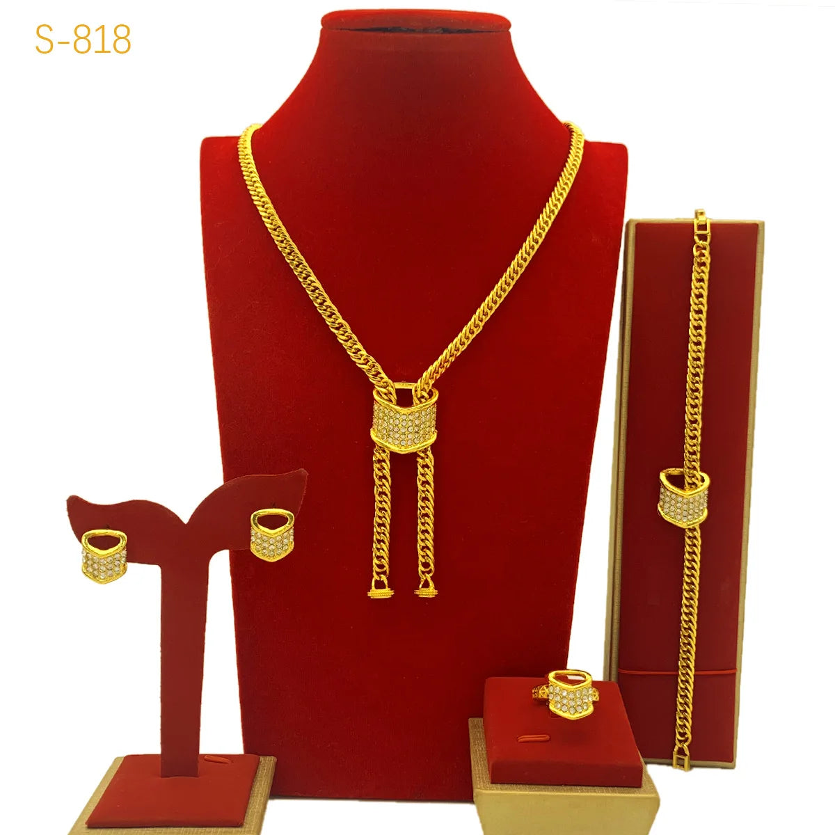 Unique Fashion Diamond-Set Jewelry Set Necklace Earrings Bracelet Ring Women's 24K Gold AU999 - Shiny diamonds, trendy set