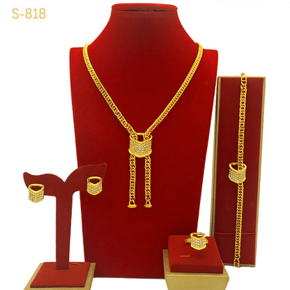 Unique Fashion Diamond-Set Jewelry Set Necklace Earrings Bracelet Ring Women's 24K Gold AU999 - Shiny diamonds, trendy set