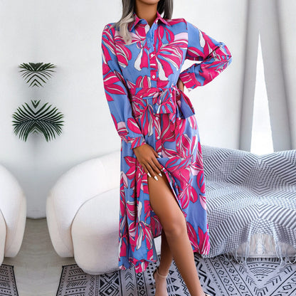 F  New Women Spring Summer Contrast Floral Polo Collar Lace Up Shirt Dress For Ladies Single Breasted Long Dress