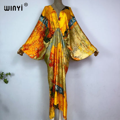 Sexy bech high-quality hand-rolled feel silk rayon fashion print  WINYI Maxi women's robes long beach V-neck Bohemian dress