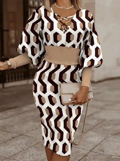 Elegant Long-sleeved V-neck Waist Dress For Women Fashionable Autumn Winter Slim Vintage Printing Hip-covering Dresses Female