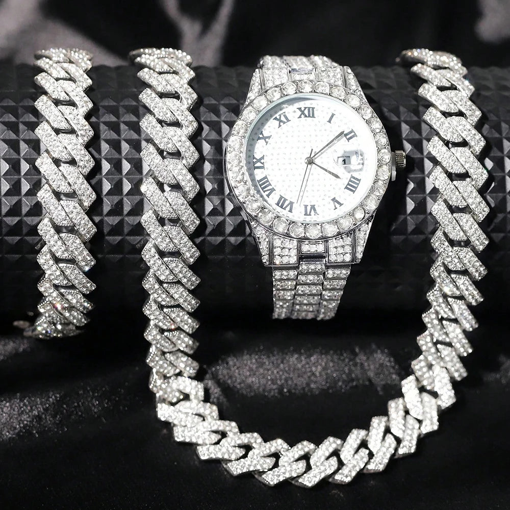 3pcs Men's Silver Watch Set Hip-hop Punk Inlay Diamond Watch+Cuban Chain+Bracelet Comes With Strap Adjuster Stylish Jewelry Gift