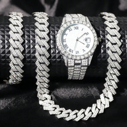 3pcs Men's Silver Watch Set Hip-hop Punk Inlay Diamond Watch+Cuban Chain+Bracelet Comes With Strap Adjuster Stylish Jewelry Gift