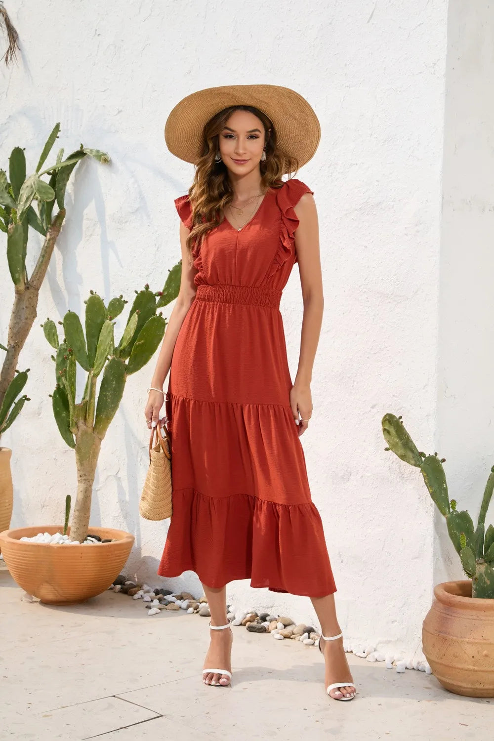 Summer Woman Dress V Neck Sleeveless Red Dresses High Waist A Line Green Maxi Dress Tiered Skirt Boho Black Casual Dress