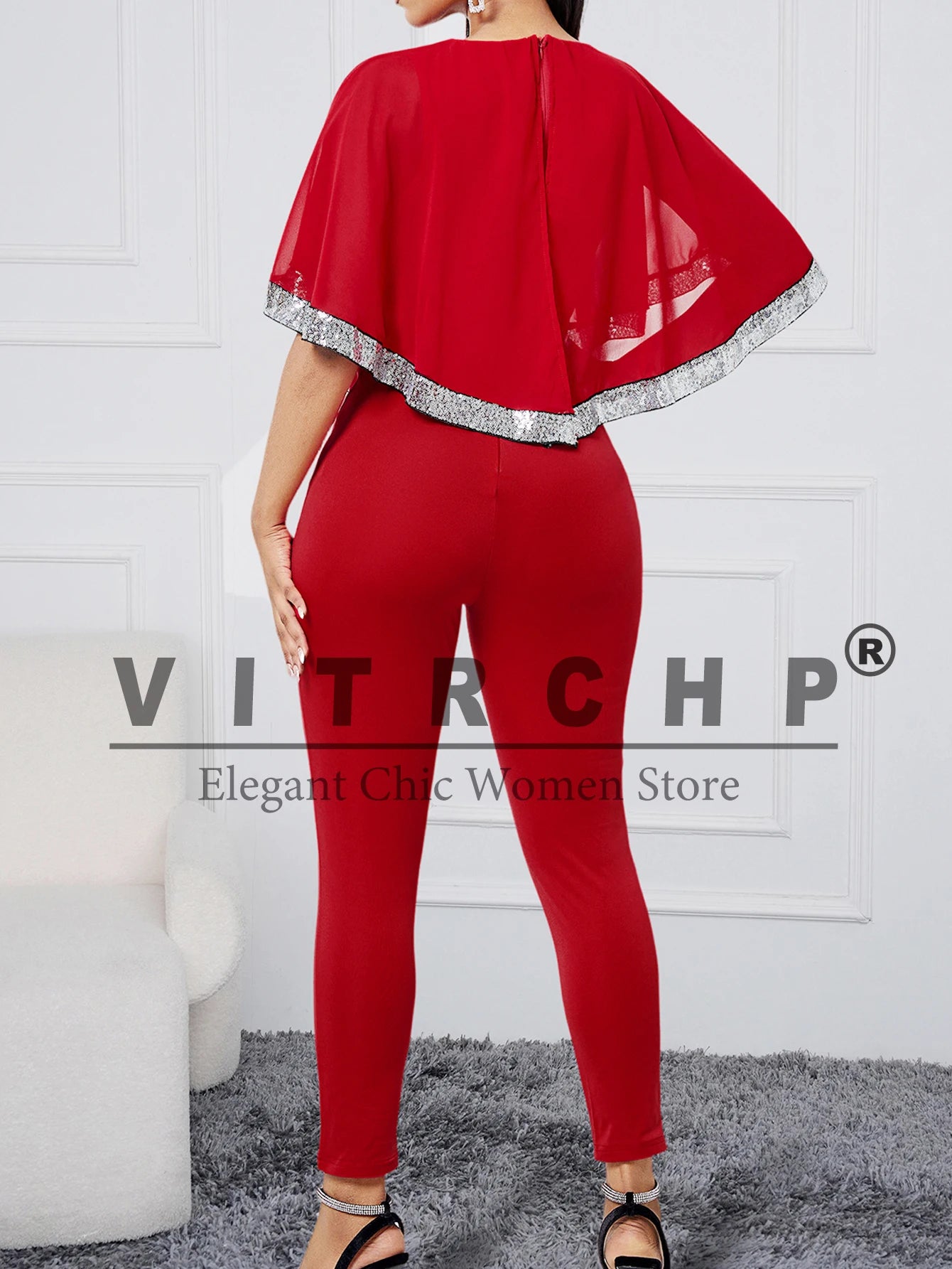 VITRCHP Jumpsuit for Women Autumn Fashion Party Overalls Contrast Sequin Cape Sleeve Tape Patch Elegant Work Bodycon Romper