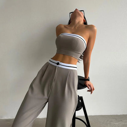 Women Two Piece Pant Sets Vest Spliced Sleeveless Strapless High Waist Long Pants Pockets Button Sporty Summer Casual