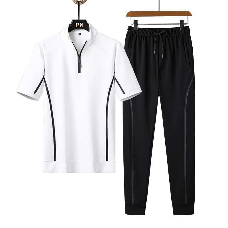 2023 Mens T-Shirt Set Solid Color Sportswear Summer Casual Men Tracksuit T Shirt Pants Two Pieces Suit Men Clothing Sportswear