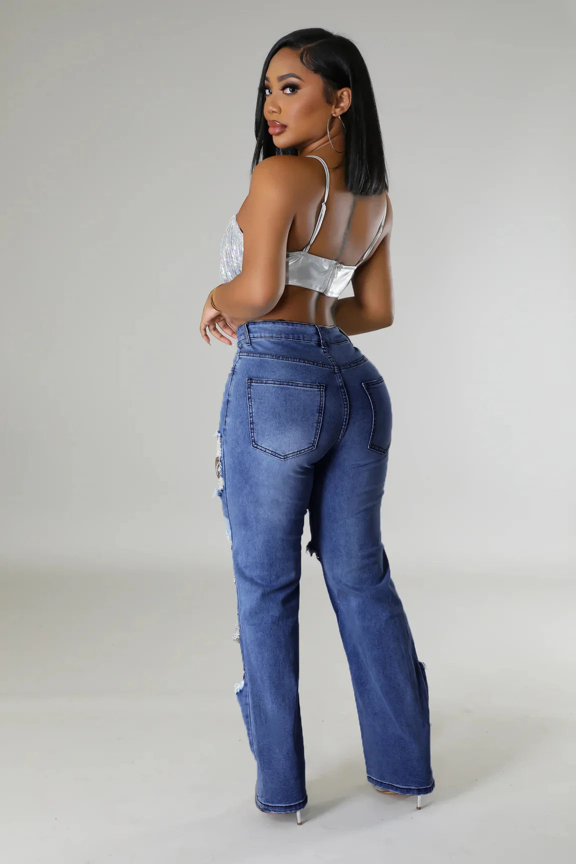 CM.YAYA Women Fashion Pearl Beading Ripped Hollow Out Tassel Wide Leg Jeans  New Summer INS Street Denim Pants Trousers