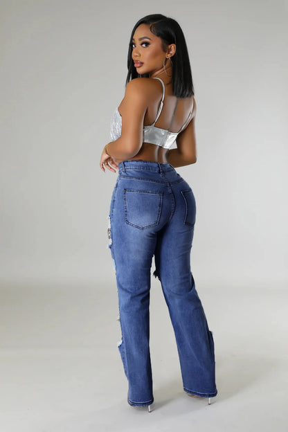 CM.YAYA Women Fashion Pearl Beading Ripped Hollow Out Tassel Wide Leg Jeans  New Summer INS Street Denim Pants Trousers