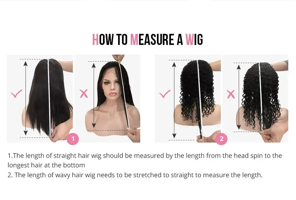 How to measure a wig guide with steps for straight and wavy hair lengths.