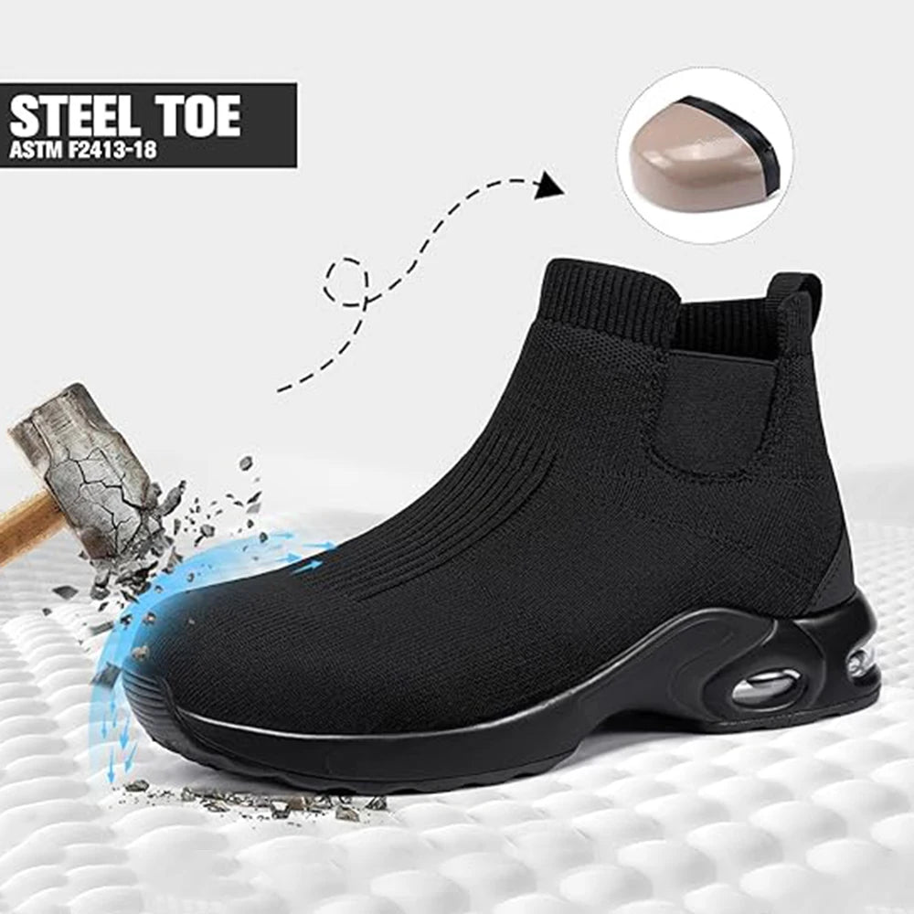 LARNMERN Steel Toe Shoes for Men Women Water Resistant Work Boots Non Slip Safety Sneakers Slip On Industrial Air Cushion Chelse