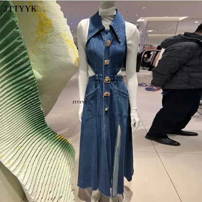 Autumn Summer Ladies Denim Dress Sleeveless Pockets Single Breasted Women Shirt Floor Length Party Beach Sexy Dresses
