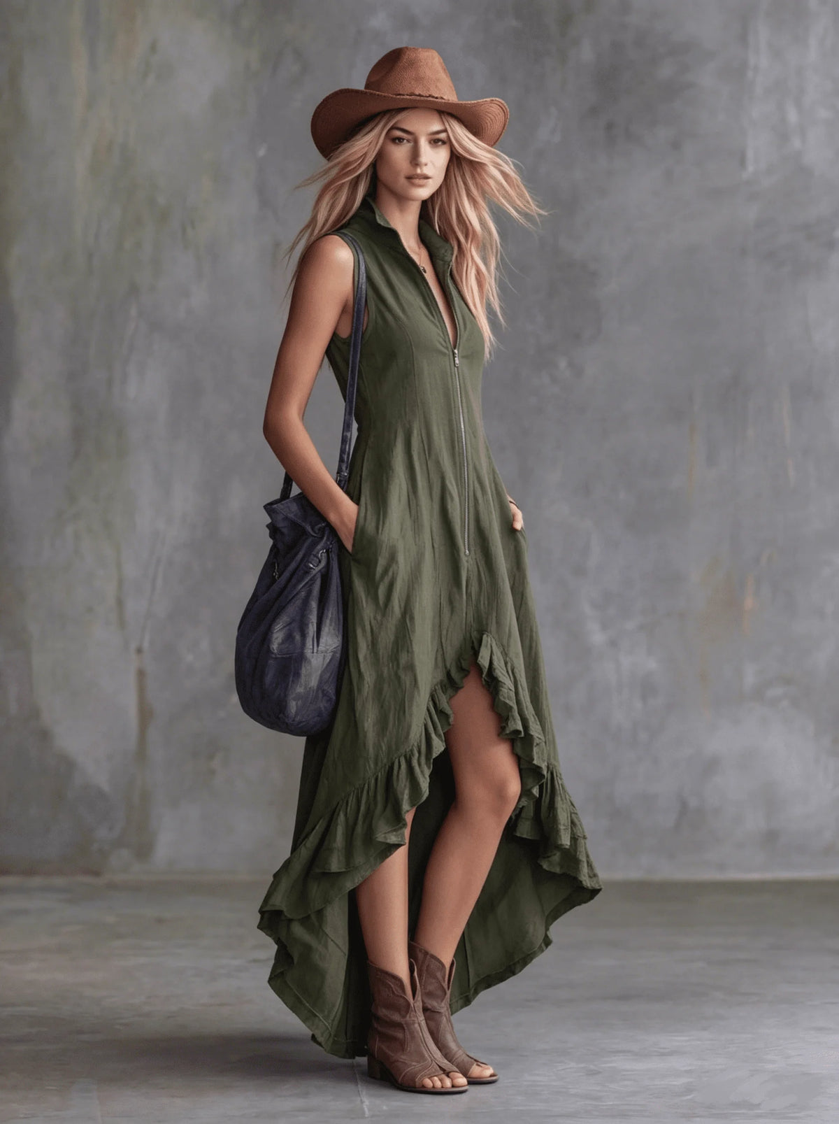 Women's Sleeveless Half Zip Maxi Dress Stand Collar High Low Ruffle Hem A-Line Long Dress with Pockets