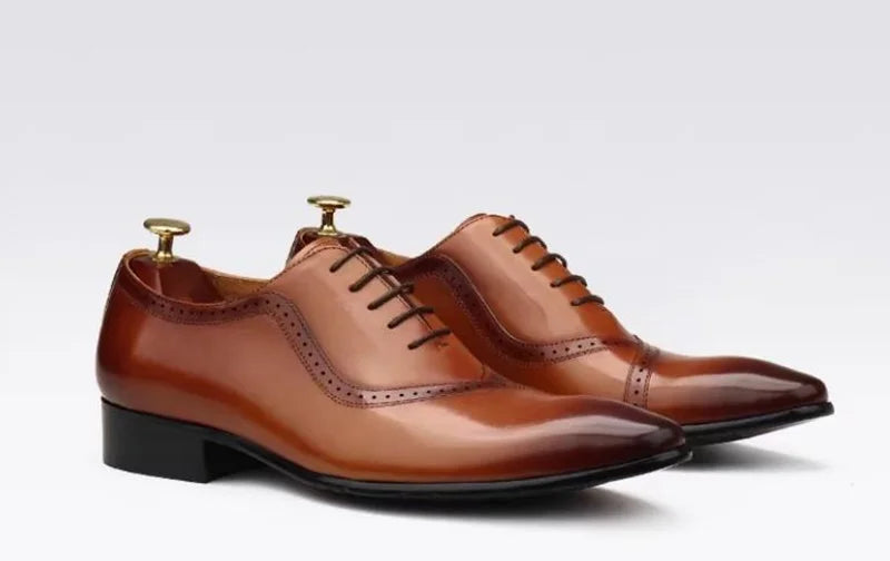 High Quality Cowhide Leather Dress Shoes For Men British Style Pointed Toe Lace-up Genuine Leather Oxford Formal Shoes
