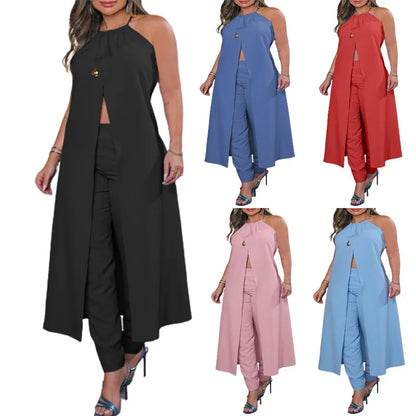Spring Summer Fashion New Solid Sleeveless Set Women Casual Loose Lace Up Split Slit Halter Tops Pencil Pants Two Piece Set
