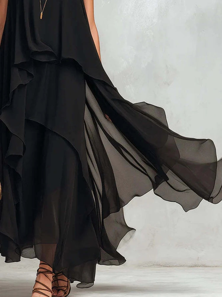 New Women's Sleeveless Black Color Maxi Dress Summer Holiday O Neck Elegant Chic Loose Fashion Ladies Irregular Dress Streetwear