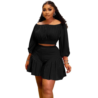 CM.YAYA Plus Size Women's Set Long Sleeve Slash Neck T-Shirt and Shorts  Summer Ruched Two 2 Piece Set Outfits Tracksuit
