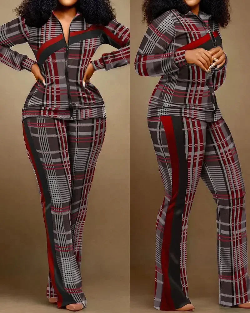 Spring Autumn Two Piece Sets Women Geometric Print Zip Up Top Coat Pants Set Outifits Fashion Tracksuit Casual Elegant Suit