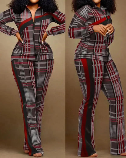 Spring Autumn Two Piece Sets Women Geometric Print Zip Up Top Coat Pants Set Outifits Fashion Tracksuit Casual Elegant Suit