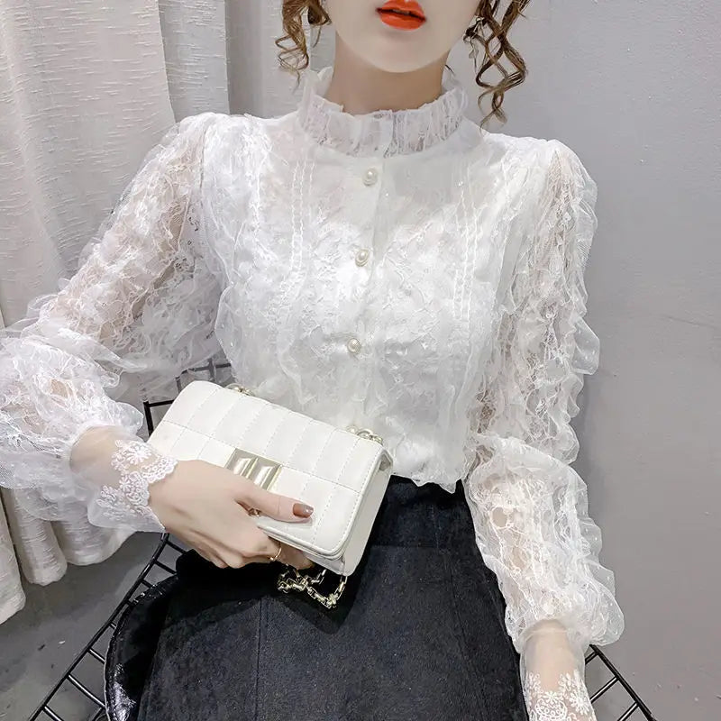 Lace Bottoming Shirt for Women's Spring Autumn New All-match Lace Cardigan French Stand-up Collar Long-sleeved Blouse Top