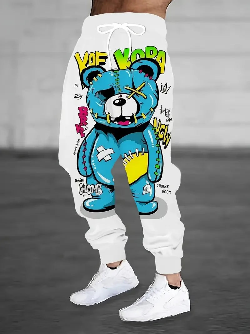 The new men's trousers for Spring and autumn 2025 feature a casual fashionable sporty and breathable 3D bear pattern print