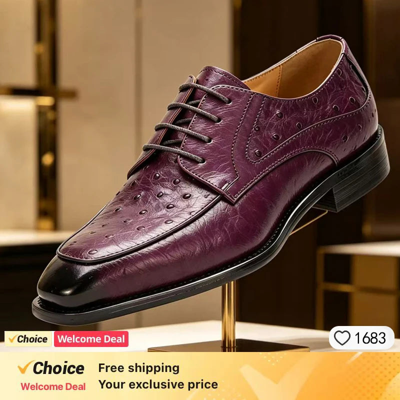 2026 new ostrich leather pattern men's genuine leather formal wear handmade cowhide Fashion casual business leather shoes