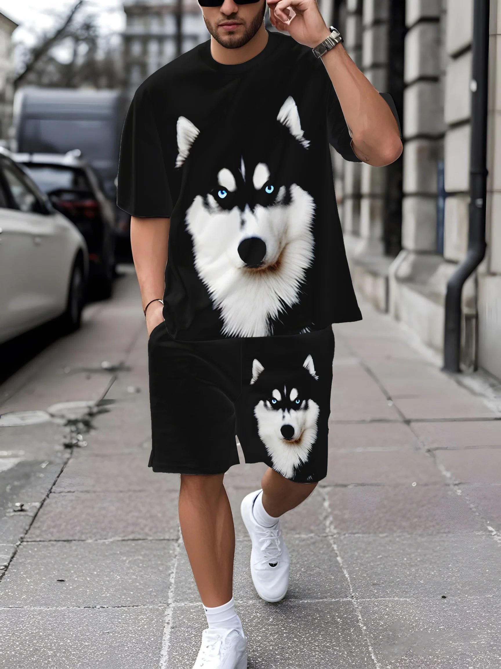 Summer Men's Fashion Casual Sports Set Loose-Fit Trendy Doll Graffiti Print Crew Neck Short Sleeve Two-Piece Set with Shorts