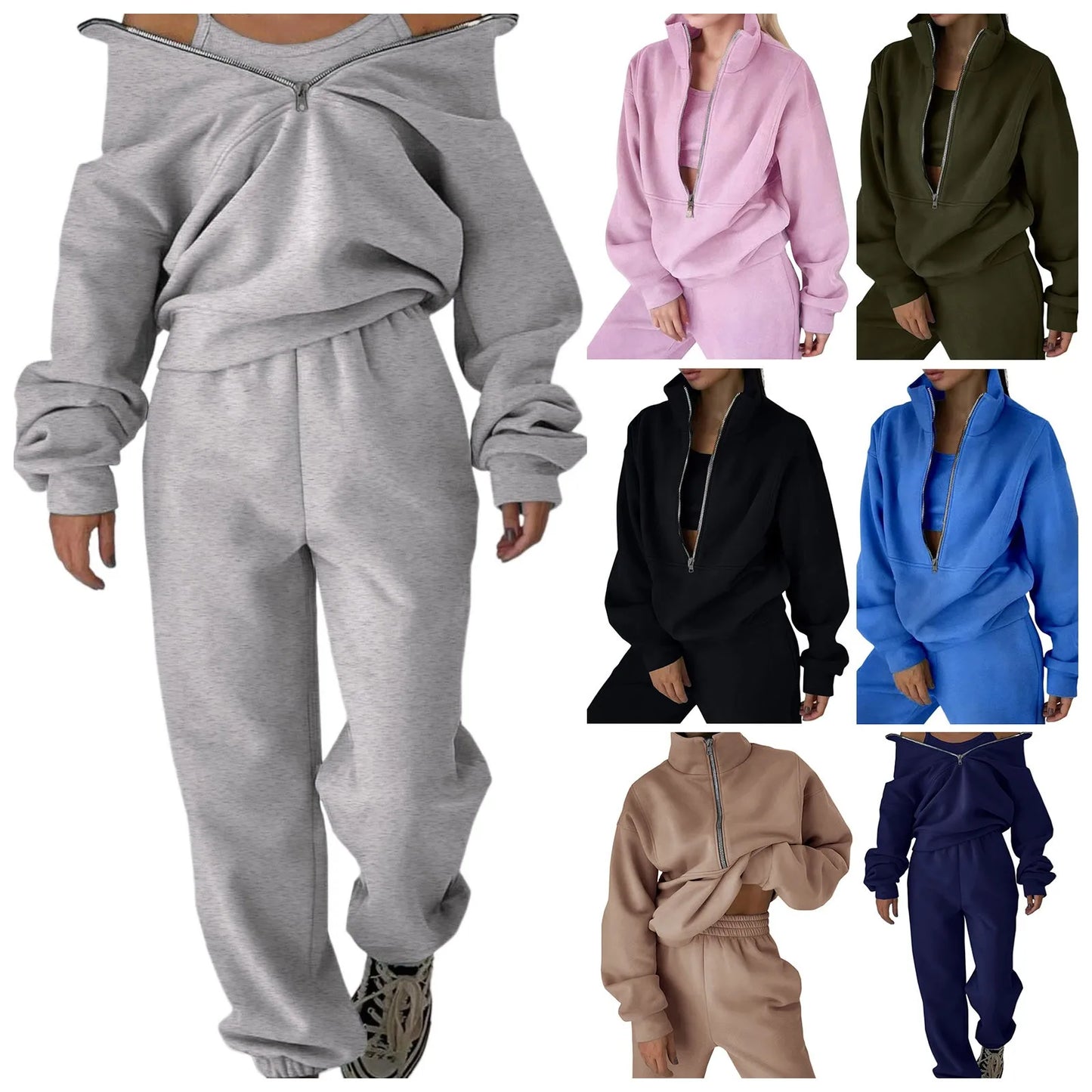 Autumn Winter Women Tracksuits Two Piece Outfits Fleece Lined Zipper Sweatshirt High Waist Pants Sets Female Sport Suits 2024