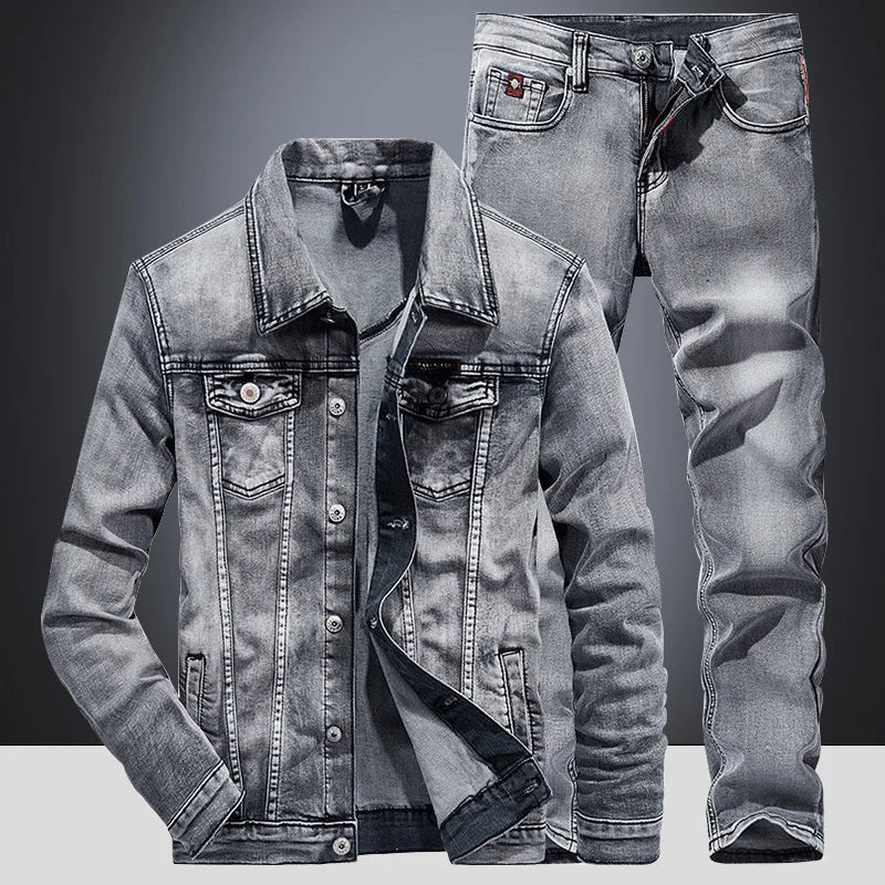 Frühling Herbst Denim Anzug Herren Slim Micro-Stretch Zweiteiler Frühling und Herbst Jacke Jeans
