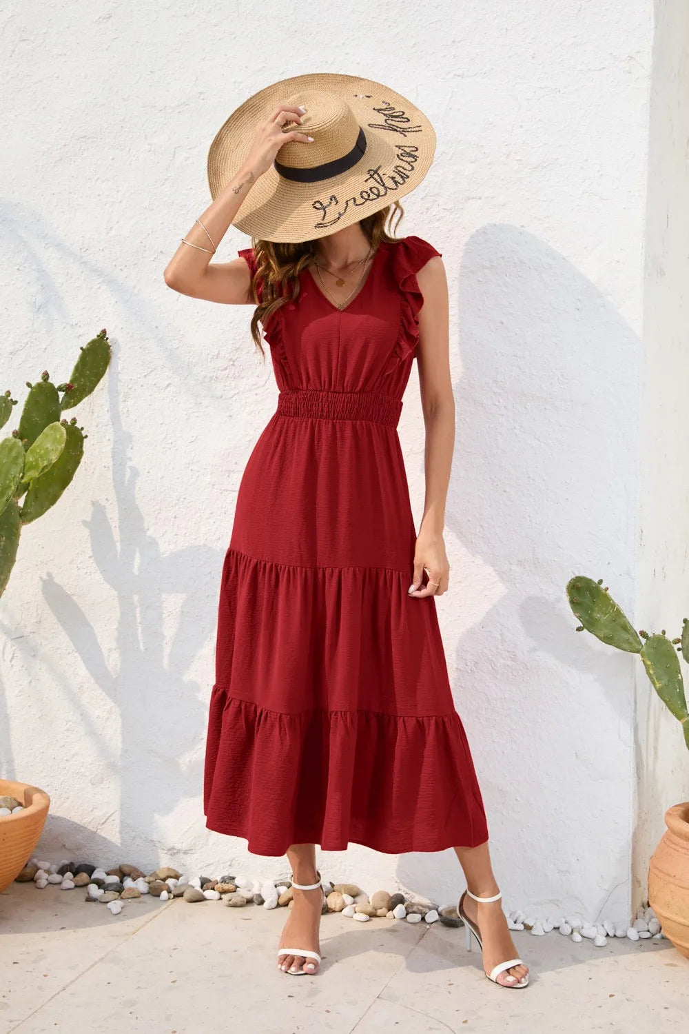 Summer Woman Dress V Neck Sleeveless Red Dresses High Waist A Line Green Maxi Dress Tiered Skirt Boho Black Casual Dress