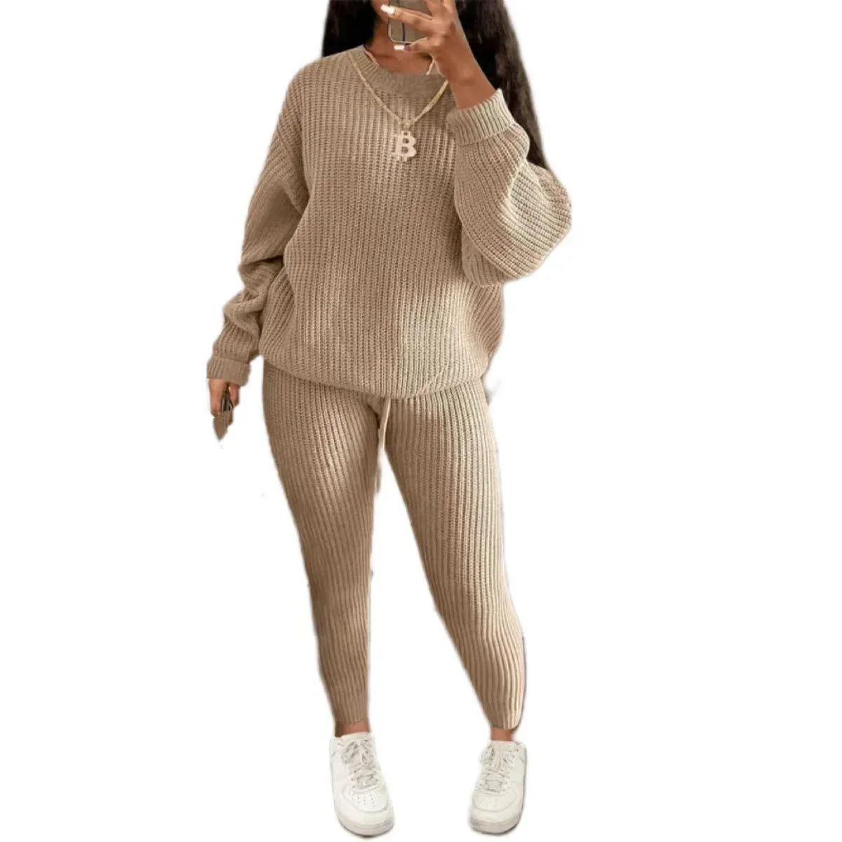 2024 Winter Two Piece Sets Women Clothing Autumn Fashion Casual Solid Round Neck Pullover Loose Pit Knitted Sweater Pants Suits