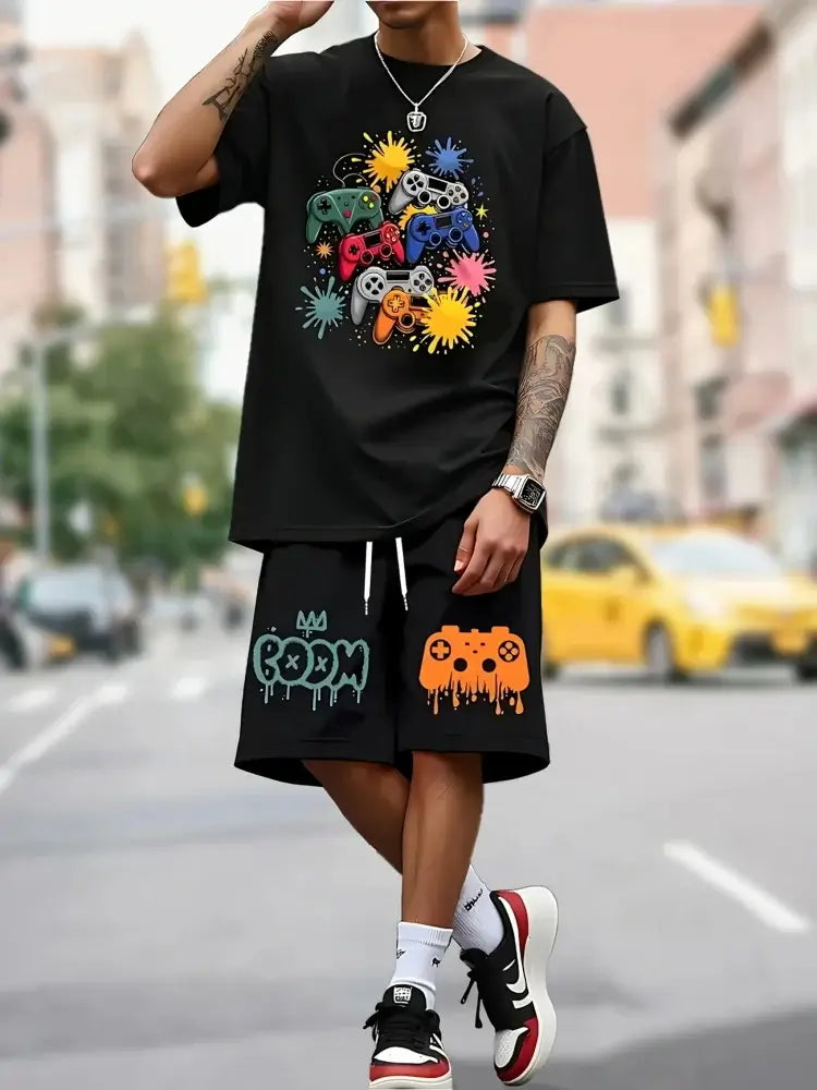 Herren Sommer Kurzarm-Set Hip-Hop Cartoon Bären-Print Kurzarm-Oberteil Shorts Lässiger Zweiteiler Outdoor Urban Street Fashion