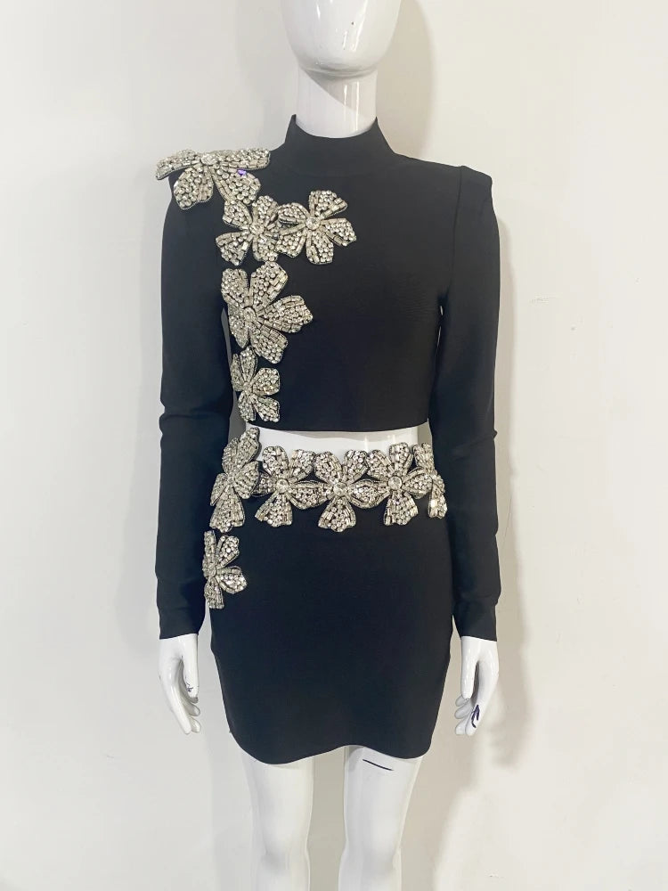 Sexy Long Sleeves Bandage 2-Piece Sets Women Turtleneck Shiny Diamonds Flower Top + Bodycon Mini  Skirts Suits Evening Party Set