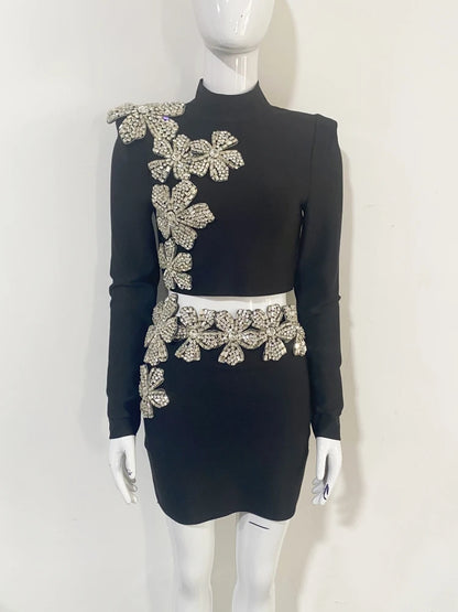 Sexy Long Sleeves Bandage 2-Piece Sets Women Turtleneck Shiny Diamonds Flower Top + Bodycon Mini  Skirts Suits Evening Party Set