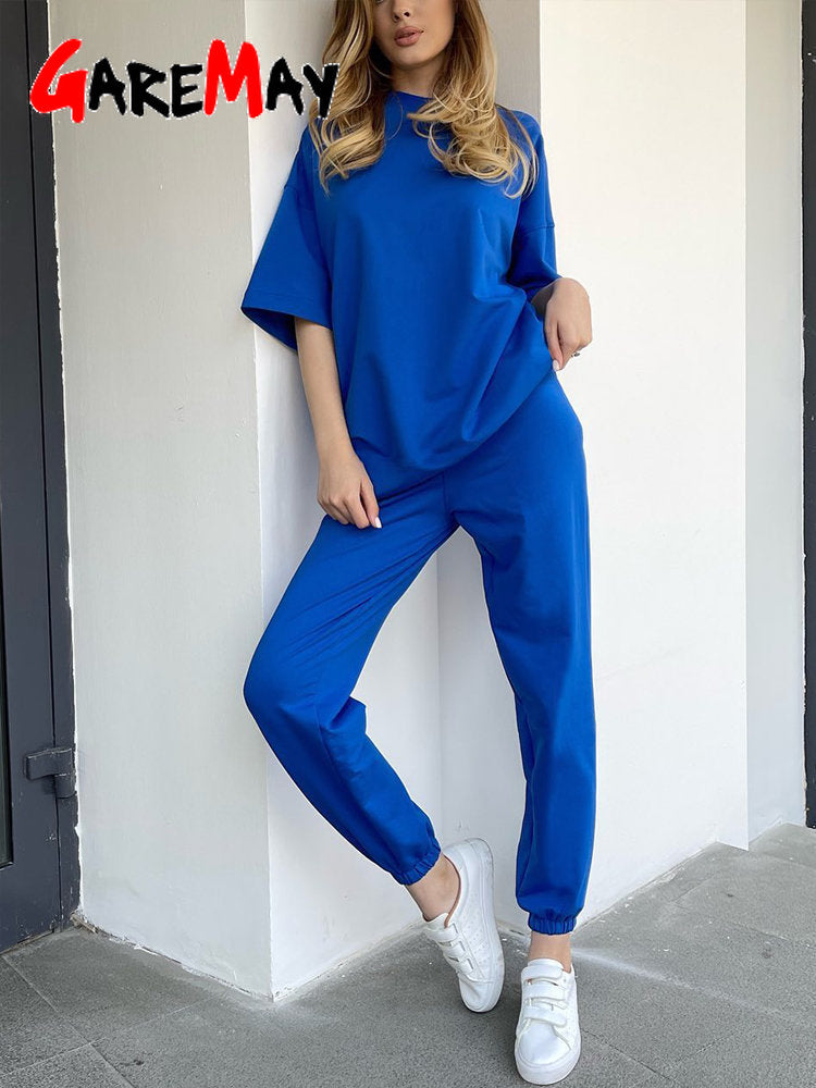 Summer Women's Suit Cotton 100% Trousers Classic Outfit Loose Oversize Two Piece Set Women Top and Pants Casual Tracksuit Female